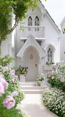 romantic white cottage full view, arched wooden front door, small carved balcony above, soft pastel details, gentle natural lighting, flower beds