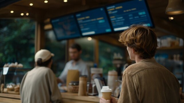Wide-angle view of a cozy café with digital menu displays, customers ordering via contactless devices, and staff facilitating service, symbolizing innovative café experience, tech-enabled food