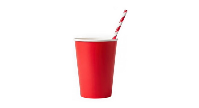 Red paper cup with a striped straw isolated on transparent background