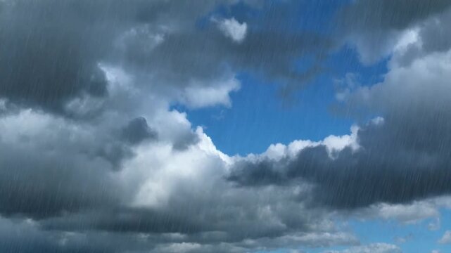 A dramatic sky with dark, swirling storm clouds parting to reveal a bright blue sky, promising an end to the downpour