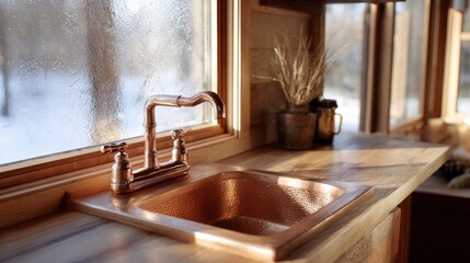 tiny house bathroom in vintage style, copper details, frosted glass window, wooden sink counter, elegant faucet, winter sunlight