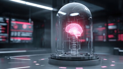 transparent capsule containing a glowing AI core with circuits, suspended in cyber lab surrounded by digital panels