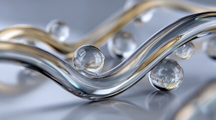 Transparent glass tubes bent in curves with suspended drops, floating over reflective surface, conceptual 3D still life