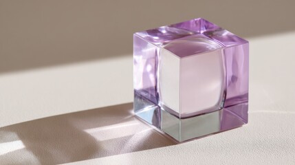 transparent lavender acrylic cube on neutral surface with sharp edges and soft light diffusion, clean composition