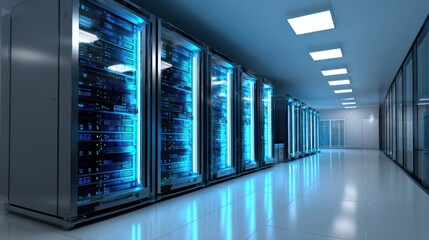 ultra realistic photo of modern server racks with glowing blue lights, clean futuristic data center