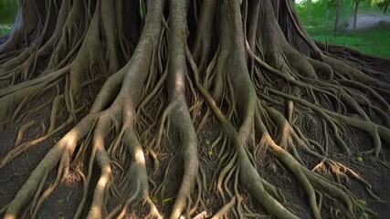 Intricate network of ancient tree roots exposed on the forest floor, showcasing nature's resilience and deep connection - Powered by Adobe