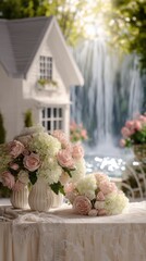 ultra realistic photo of palisade garden with roses, peonies, hydrangeas, lace tablecloth and bouquet, cozy white house behind, tall waterfall