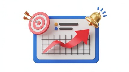 Financial growth and success symbolized by rising arrow and target on dashboard