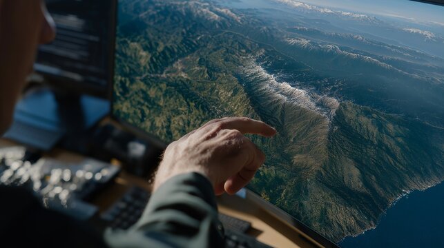 Close-up of analyst highlighting terrain features and environmental changes on digital satellite overlays, highlighting data-driven military research, AI-assisted geospatial analytics, and