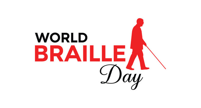 Editable World Braille Day template – visually impaired person walking with cane illustration