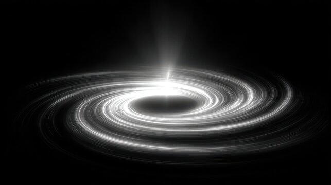 Commercial high-resolution photo of abstract glowing spiral galaxy with bright light beam on black background.