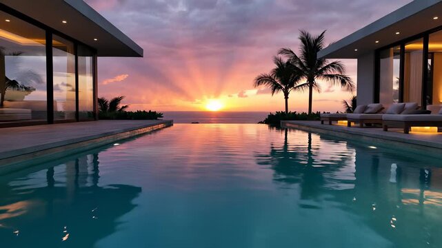 Tranquil pool scene with lounge chairs and palm trees under warm orange sunset, perfectly capturing the concept of relaxing, modern luxury living, evoking feelings of serenity, calmness.