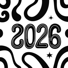 Obraz premium number 2026 drawn in groovy retro line art typography with wavy outlines and curved letterforms, minimalist black thin lines, white background, vintage vector style