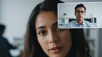 Professional woman attends virtual video conference call with male colleague discussing business online for digital communication - Powered by Adobe