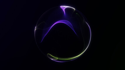 Abstract glowing sphere with smooth purple and green fractal waves on a dark background, creating a soft futuristic aesthetic with fluid motion and neon depth.