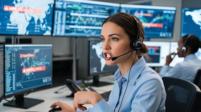 Professional woman engaged in financial data analysis with multiple monitors and headset in control room environment