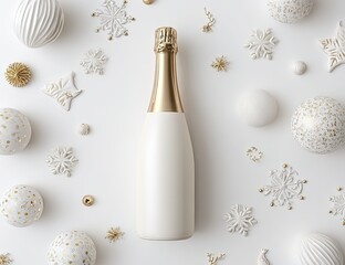 A white bottle of champagne with a gold foil top is surrounded by white and gold snowflake ornaments and baubles on a white background.