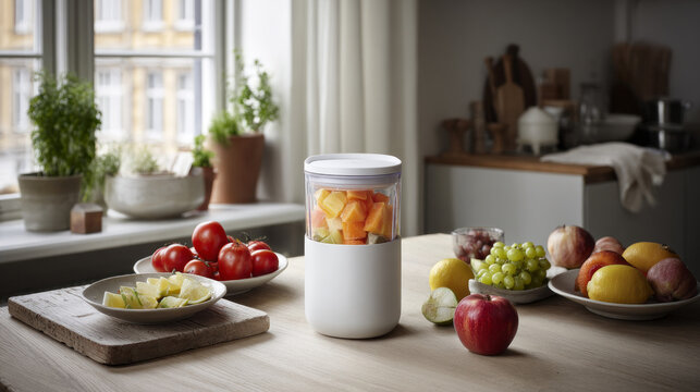 Sunlight pours into a bright kitchen, highlighting a white blender surrounded by fresh fruits and vegetables. Vibrant colors of the ingredients create an inviting atmosphere for cooking