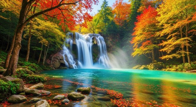 A breathtaking waterfall cascades into a vibrant turquoise pool surrounded by a dense forest of autumn leaves.