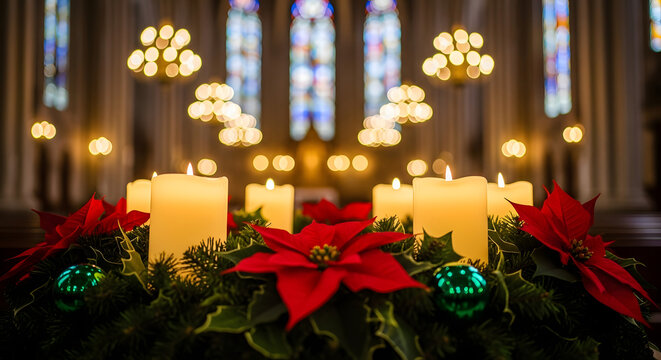 Warm advent wreath with lit candles and poinsettias in a church sanctuary