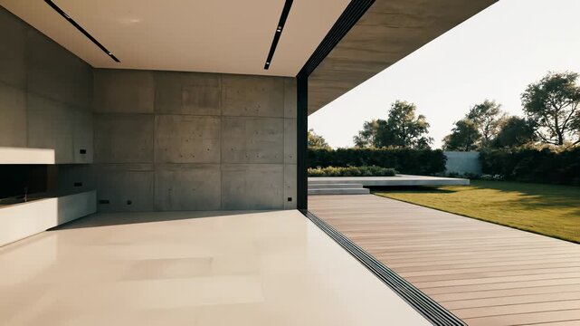 Modern Design Space with Open Patio, Fireplace, and Plush Bench Perfectly Capturing Contemporary Comfort and Style for Interior Design Inspiration or Commercial Use Cases such as Restaurant.