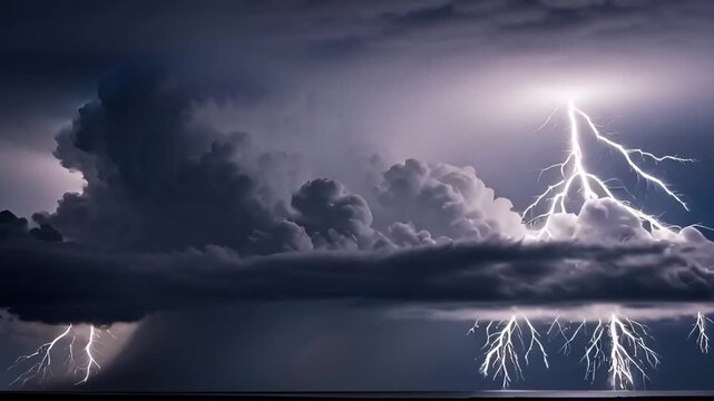 Dramatic lightning strike illuminates stormy sky over dark ocean, capturing raw power and natural spectacle in a breathtaking meteorological event.