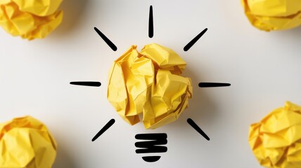 Crumpled yellow paper ball forms a bright idea lightbulb, surrounded by more crumpled paper on a white background