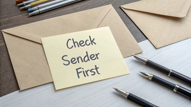 Reminder Note on Check Sender First Next to Envelopes and Pens