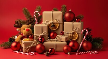 Christmas presents and decorations on a red background.