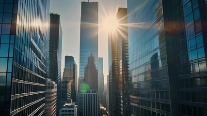 Sunlight Glinting Off Modern Skyscrapers in a Bustling Urban Metropolis - Powered by Adobe