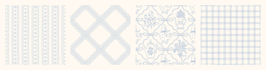Hand drawn cottage core seamless pattern collection with a charming whimsical floral and ribbon bow design. Soft blue pastel and nostalgic print. Perfect for textiles and romantic vintage decor.
