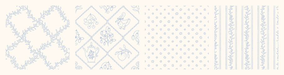 Hand drawn cottage core seamless pattern collection with a charming whimsical floral and ribbon bow design. Soft blue pastel and nostalgic print. Perfect for textiles and romantic vintage decor.