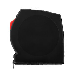 A sleek black tape measure positioned on a flat surface showcases its smooth texture and bright red button. This tool is ideal for accurate measurements in DIY projects or construction