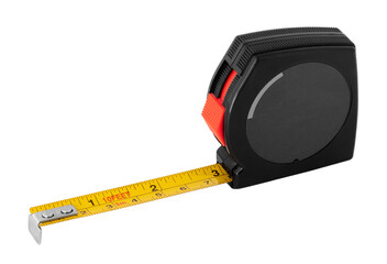 A sturdy measuring tool sits on a plain surface, its yellow tape extended to show accurate measurements. Ideal for builders or DIY enthusiasts in any project