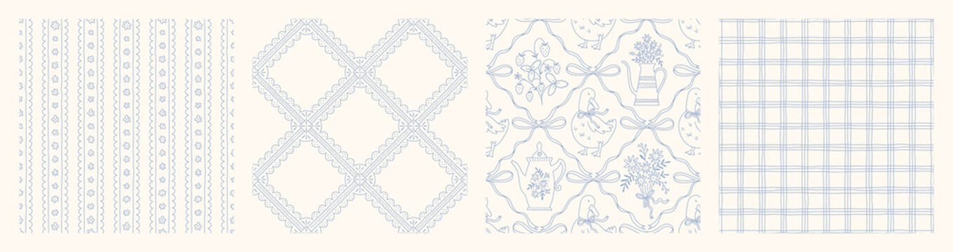 Hand drawn cottage core seamless pattern collection with a charming whimsical floral and ribbon bow design. Soft blue pastel and nostalgic print. Perfect for textiles and romantic vintage decor.