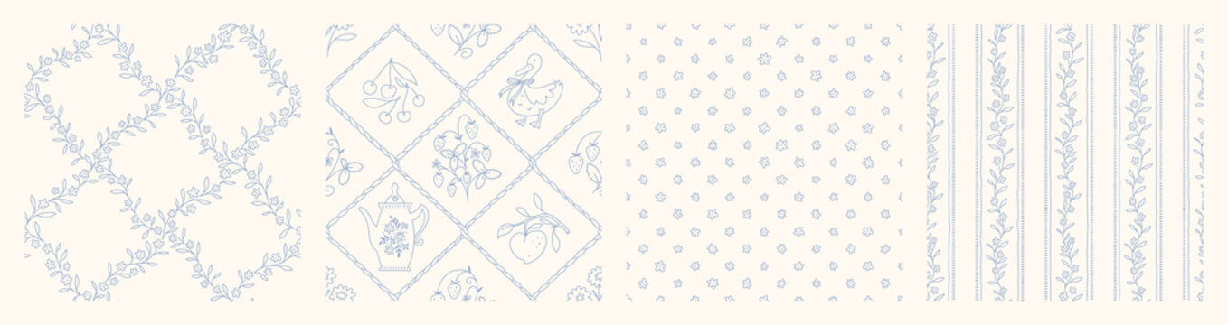 Hand drawn cottage core seamless pattern collection with a charming whimsical floral and ribbon bow design. Soft blue pastel and nostalgic print. Perfect for textiles and romantic vintage decor.