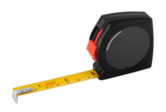 A sturdy measuring tool sits on a plain surface, its yellow tape extended to show accurate measurements. Ideal for builders or DIY enthusiasts in any project