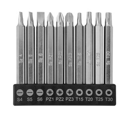 A collection of shiny metal screwdriver bits displayed in a black holder, showcasing different sizes and types designed for precise fastening tasks in workshops or home projects