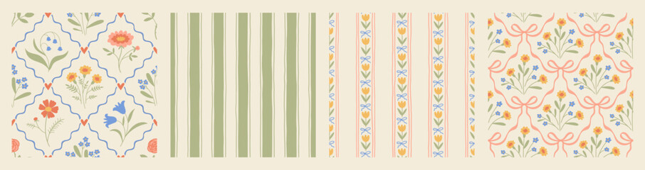 Hand drawn coquette seamless pattern collection with a charming floral whimsical design. Soft, pastel and nostalgic, perfect for textiles, wallpaper, wrapping paper and romantic vintage decor.