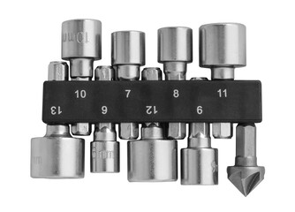 Metal socket tools shine in the light, organized on a holder with sizes labeled clearly. Perfect for automotive work or home repairs. Essential for any toolbox or workshop