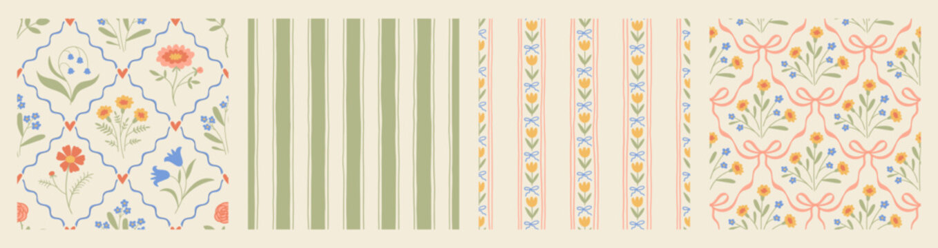 Hand drawn coquette seamless pattern collection with a charming floral whimsical design. Soft, pastel and nostalgic, perfect for textiles, wallpaper, wrapping paper and romantic vintage decor.