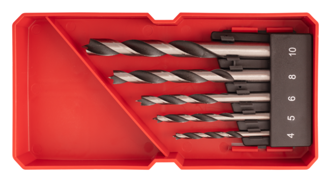 A set of high-quality drill bits neatly placed in a bright red case, showcasing different sizes ideal for woodworking and construction projects. Perfect for every toolbox