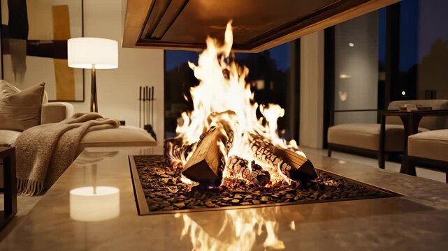 Cozy modern living room setting featuring crackling fireplace with dancing flames, sleek couch, and stylish lamp creating inviting ambiance perfect for relaxation, warmth, and comfort evoking.