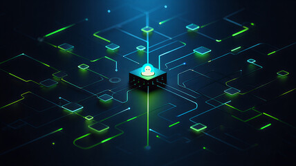 Futuristic AI workflow automation system with interconnected nodes, triggers, and data flow sleek artificial intelligence dashboard interface showing coding icons, analytics, and automation processe