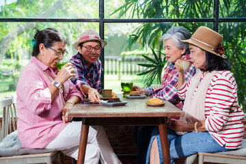 Senior Asian friends sitting cafe drinking tea enjoying pastries cheerful conversation casual clothing indoor greenery background relaxing lifestyle friendly retirement bonding natural light leisure