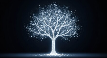 A white tree with glowing, sparkling branches against a dark background.