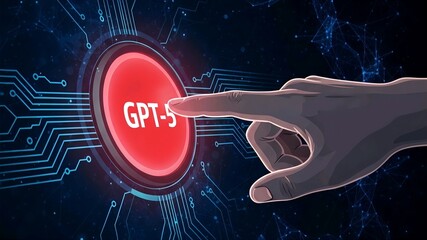 Hand Pressing GPT-5 Button, Next Generation AI Launch