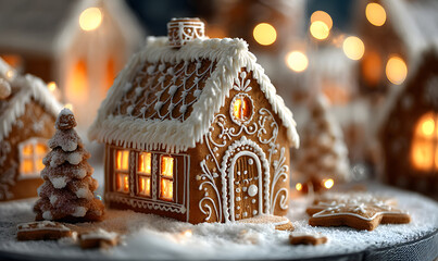 selbst gebackenes Pfefferkuchenhaus in der Weihnachtsb&auml;ckerei mit Lebkuchen