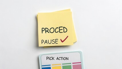 Sticky Notes with Words Proceed and Pause on Light Background