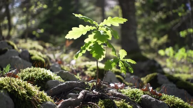 Young oak tree growing in a forest with mossy ground, sunlit, for environmental themes
